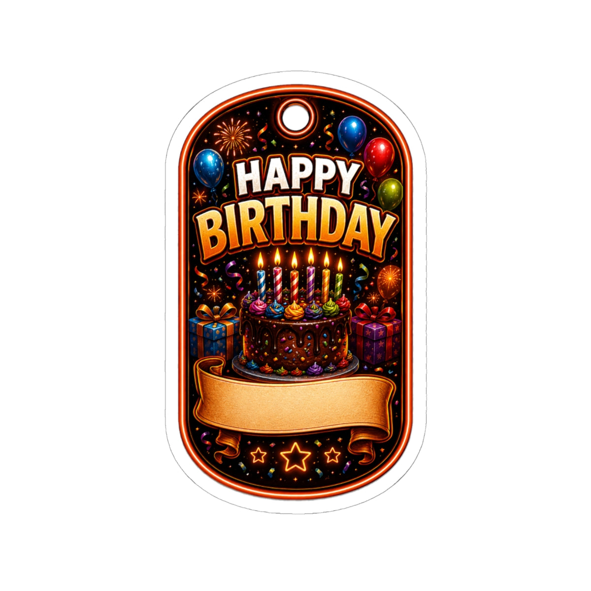 Happy Birthday Kiss-Cut Sticker VERTICAL— Colorful Cake, Balloons & Custom Name Banner