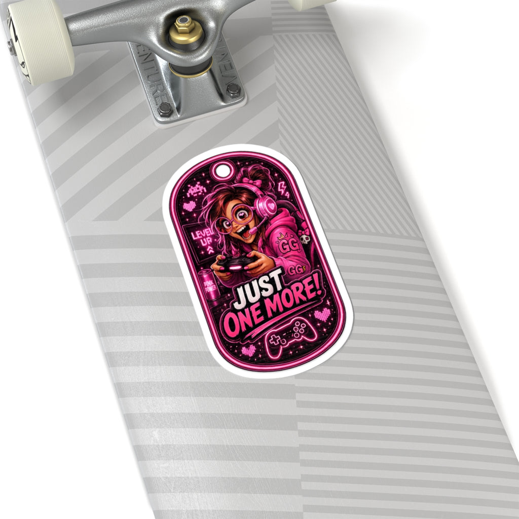 Gamer Girl 'Just One More!' Kiss-Cut Sticker - Pink Arcade Controller Design