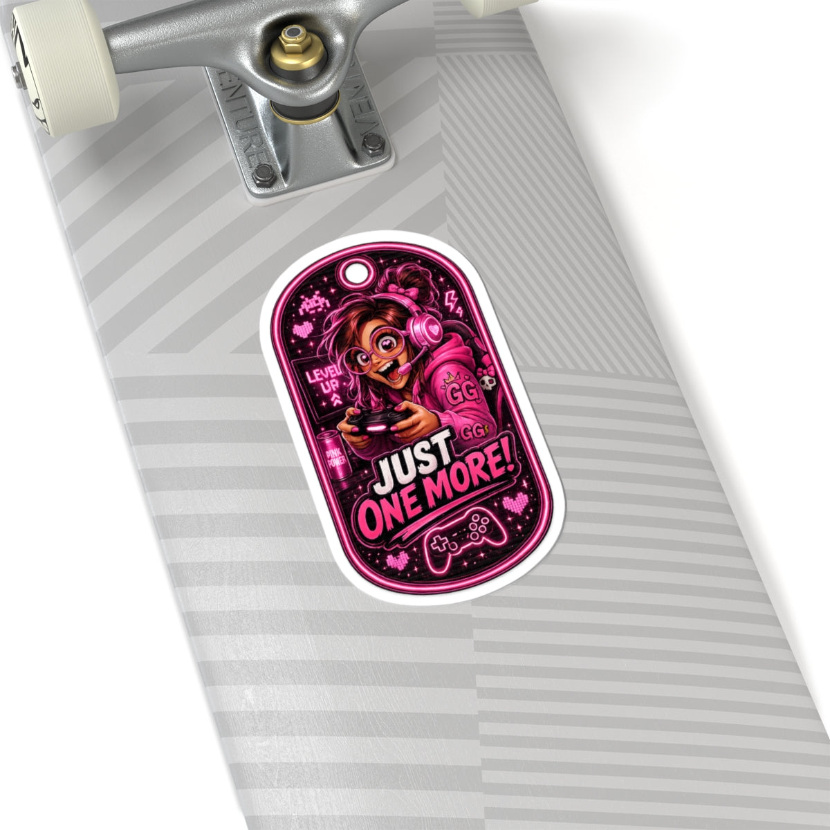 Gamer Girl 'Just One More!' Kiss-Cut Sticker - Pink Arcade Controller Design