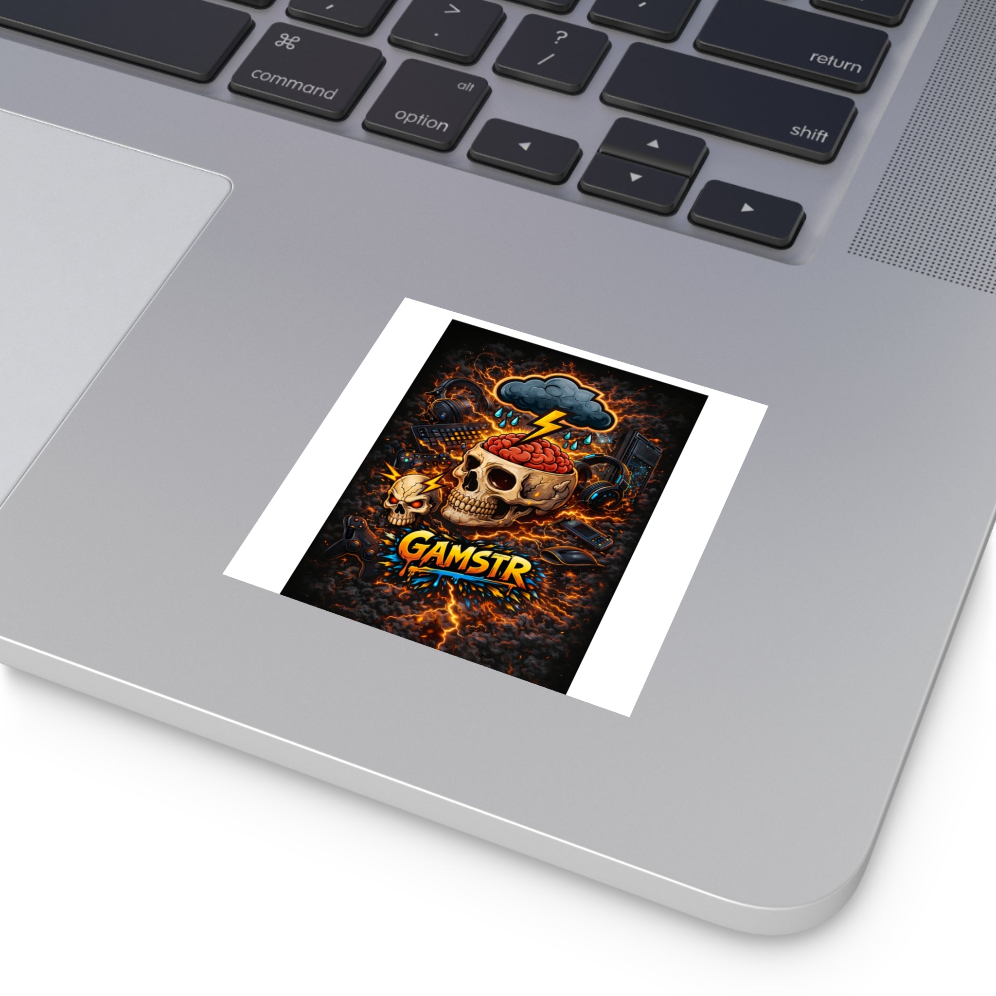 Gamstr Skull Gamer Sticker — Lightning Brain Gaming Square Sticker (Indoor/Outdoor)