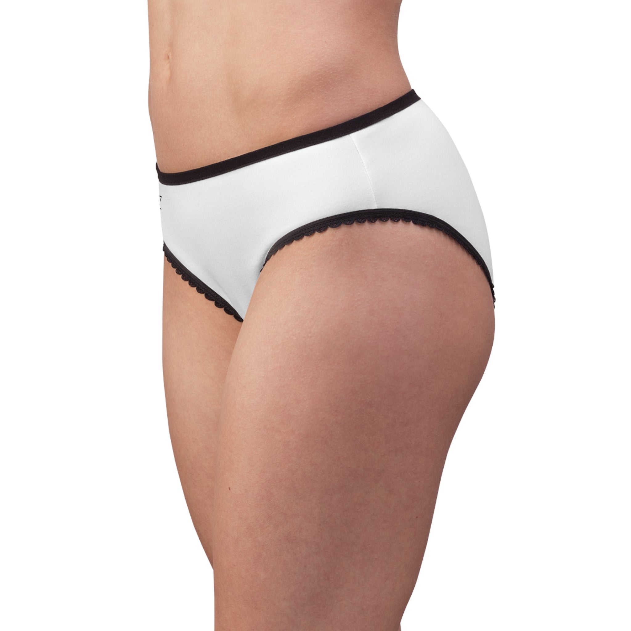 Women's Bicrackez Briefs — White Lace-Trim Briefs with 'BICRACKEZ' Script