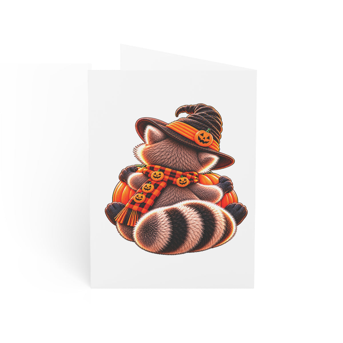 Halloween Raccoon Greeting Cards — Cute Raccoon with Jack-O'-Lantern (Pack of 1/10/30/50)