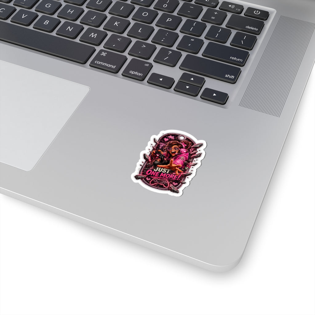 4th Wall Break Gamer Girl “Just One More!” Kiss-Cut Sticker — Neon Pink Controller Design