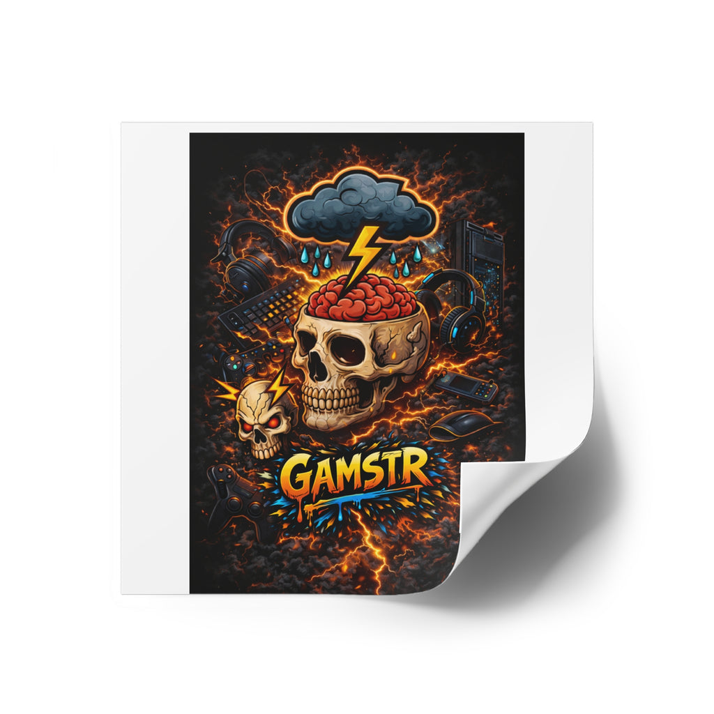 Gamstr Skull Gamer Sticker — Lightning Brain Gaming Square Sticker (Indoor/Outdoor)