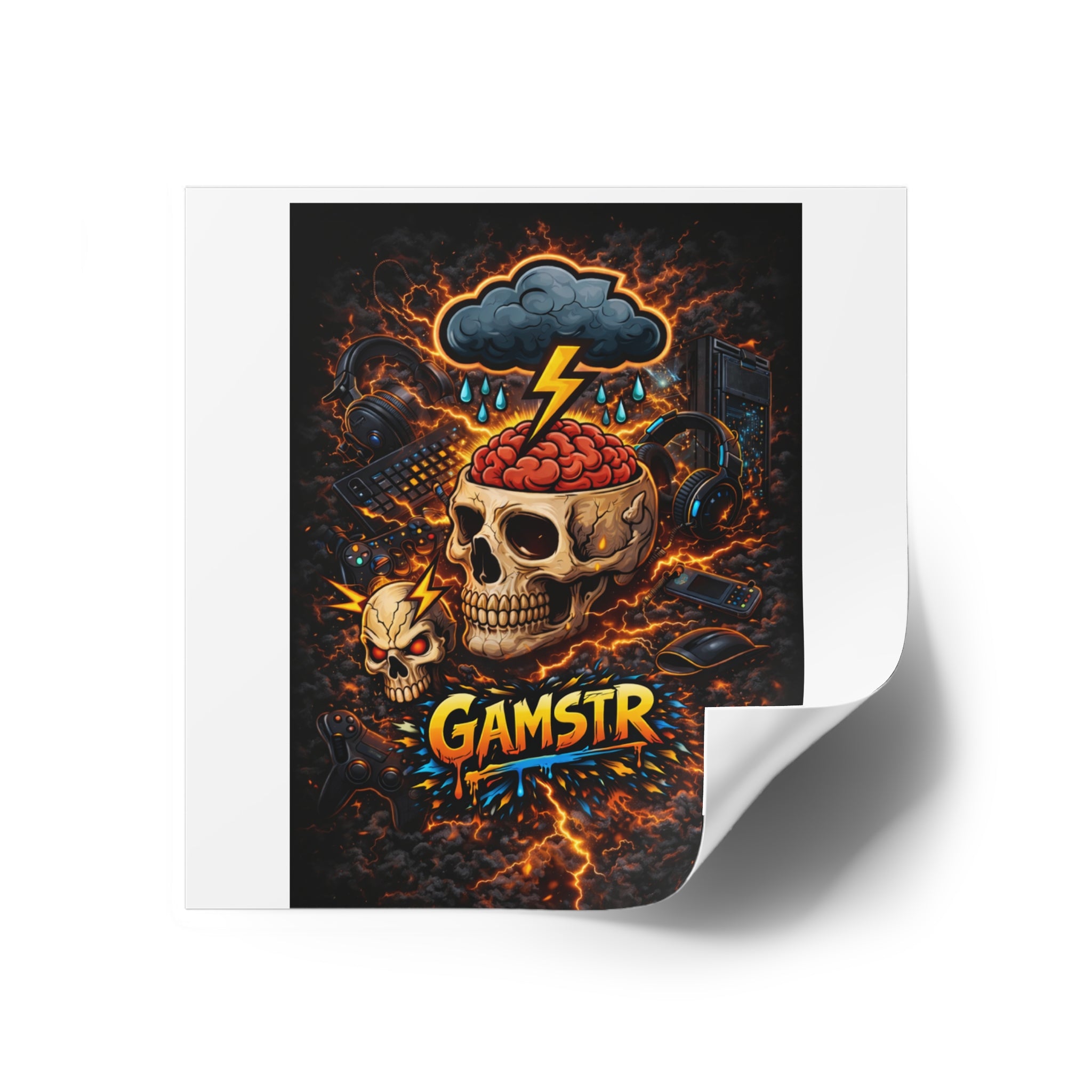 Gamstr Skull Gamer Sticker — Lightning Brain Gaming Square Sticker (Indoor/Outdoor)
