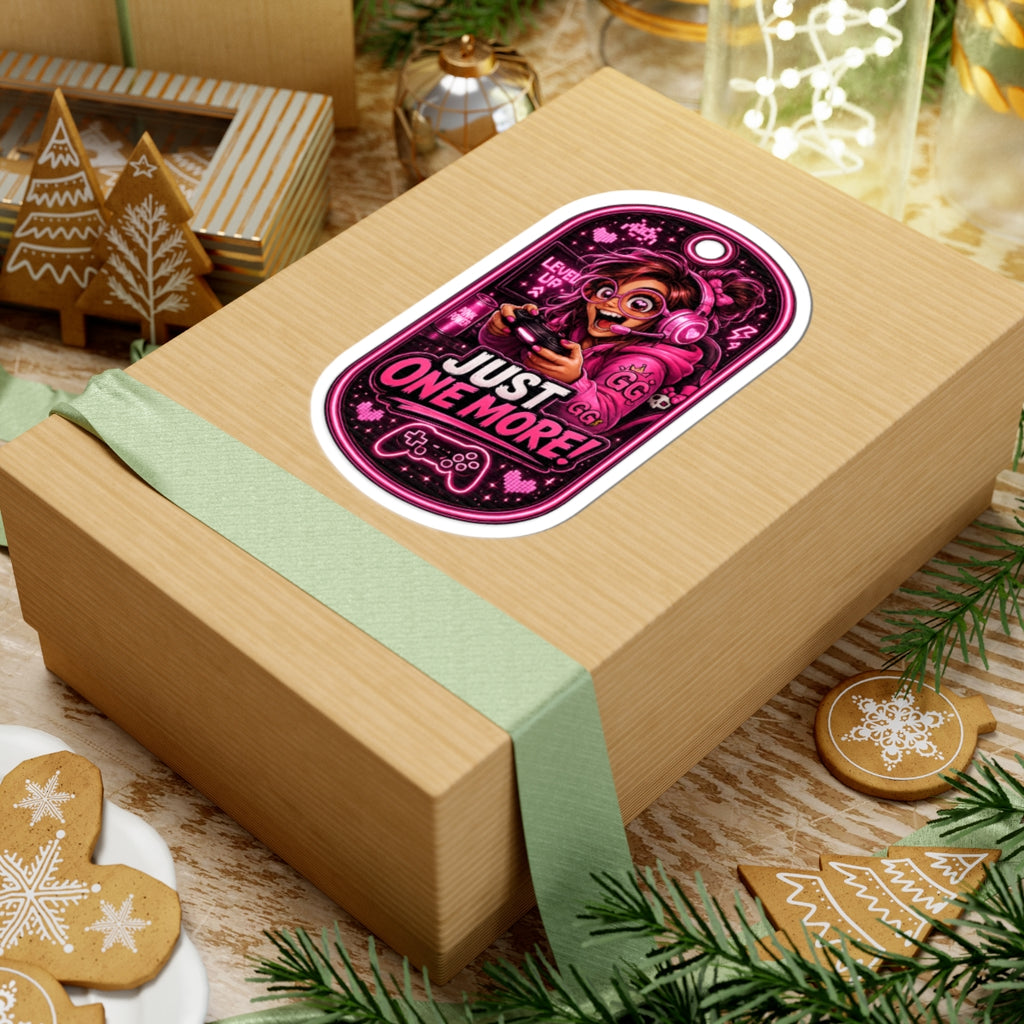 Gamer Girl 'Just One More!' Kiss-Cut Sticker - Pink Arcade Controller Design