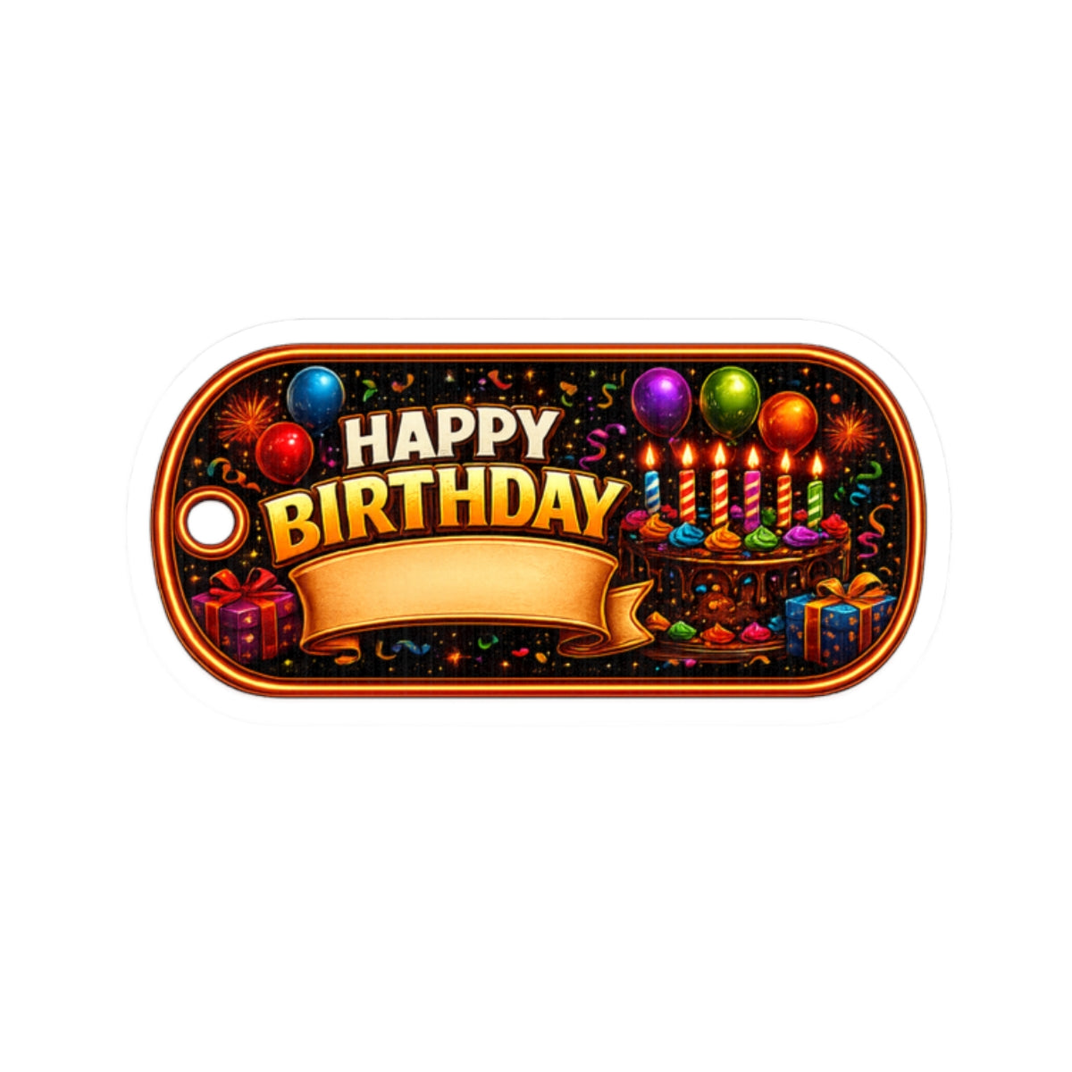 Happy Birthday Kiss-Cut Sticker HORIZONTAL — Colorful Cake, Balloons & Candles Gift Tag