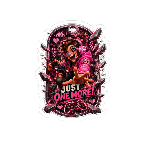 4th Wall Break Gamer Girl “Just One More!” Kiss-Cut Sticker — Neon Pink Controller Design