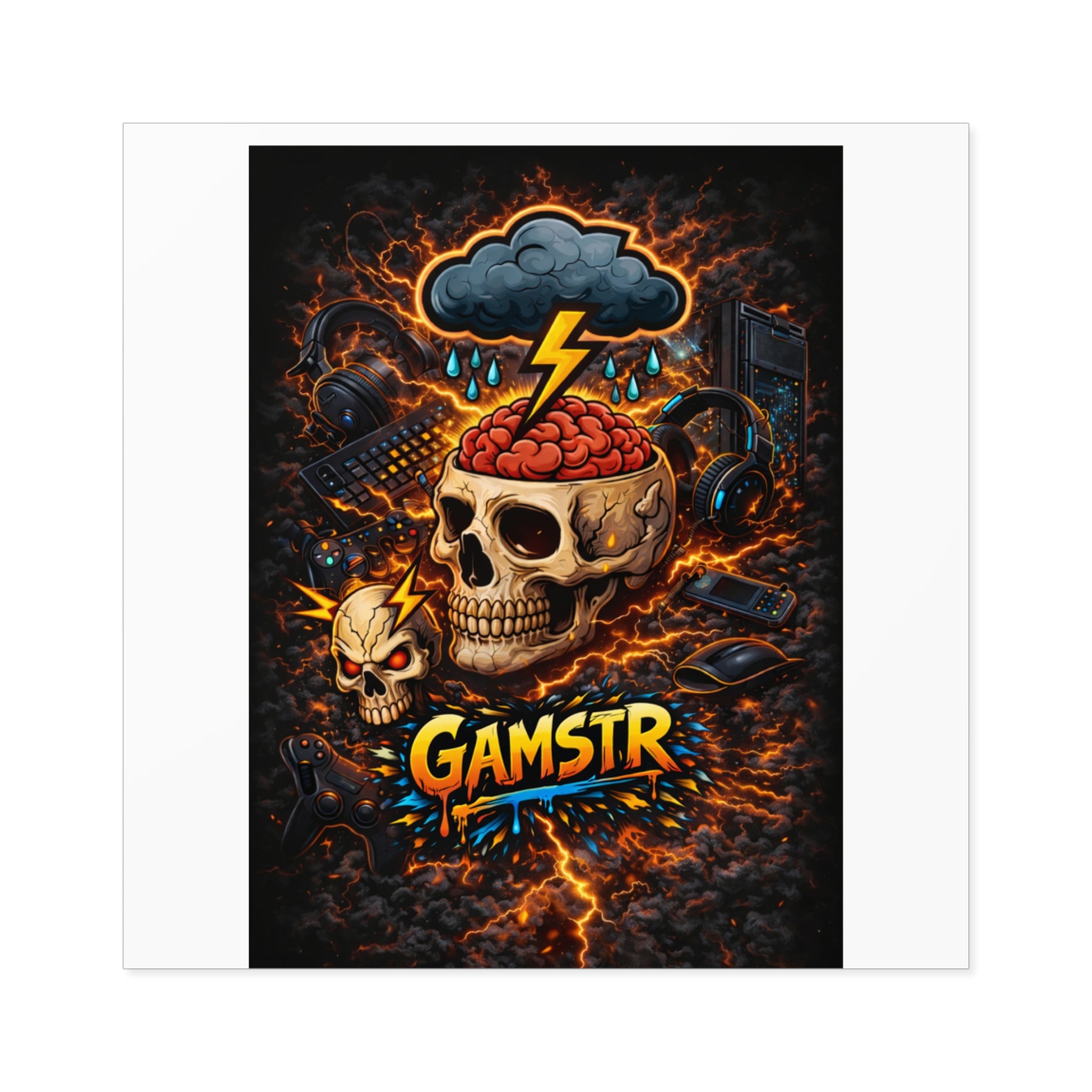 Gamstr Skull Gamer Sticker — Lightning Brain Gaming Square Sticker (Indoor/Outdoor)