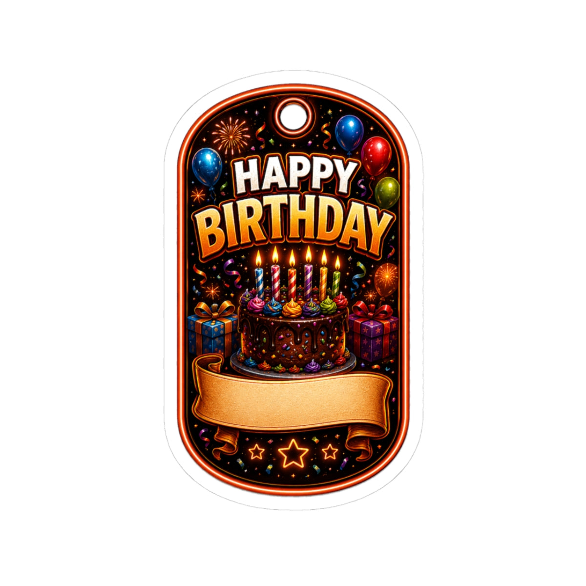 Happy Birthday Kiss-Cut Sticker VERTICAL— Colorful Cake, Balloons & Custom Name Banner