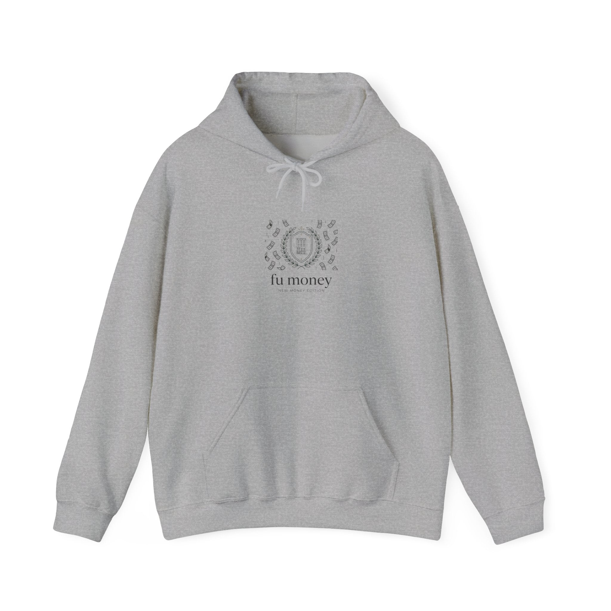 new money crest hoodie | quiet luxury, minimalist serif, monochrome