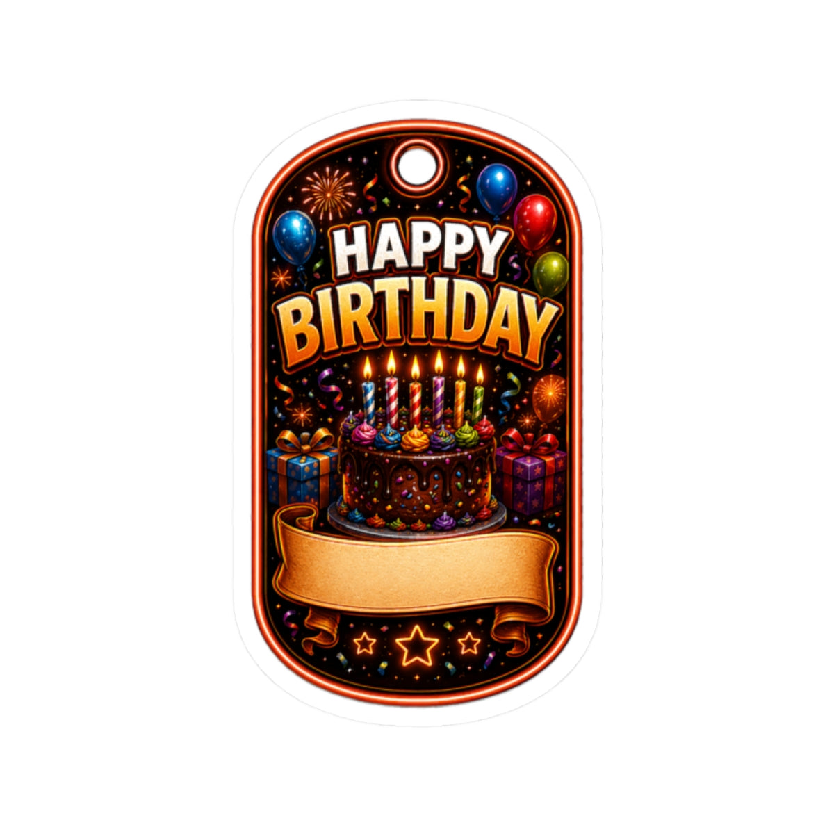 Happy Birthday Kiss-Cut Sticker VERTICAL— Colorful Cake, Balloons & Custom Name Banner