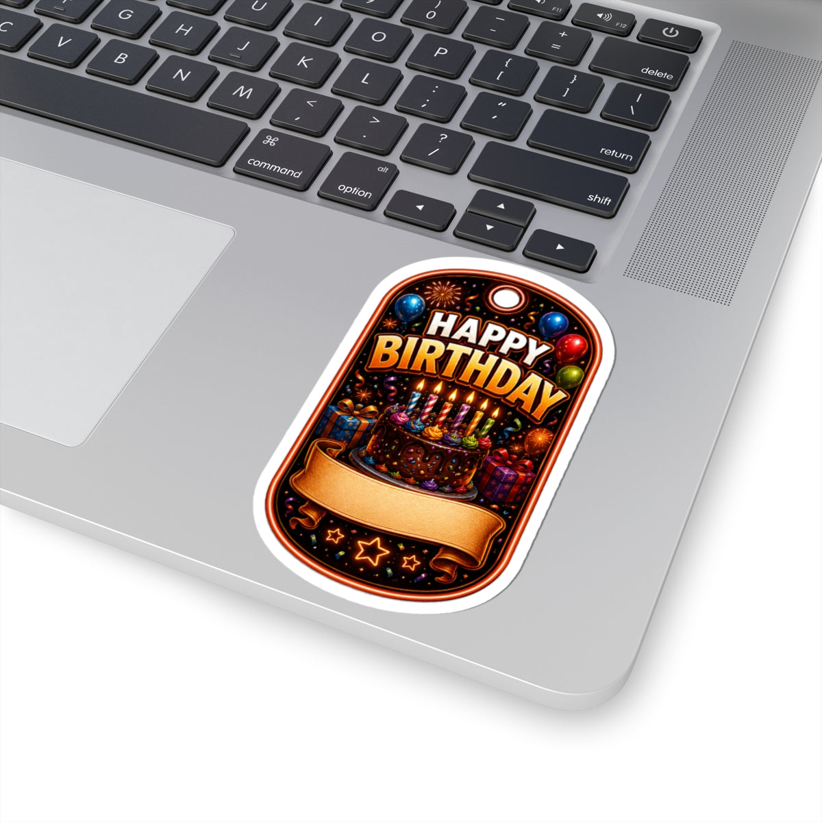 Happy Birthday Kiss-Cut Sticker VERTICAL— Colorful Cake, Balloons & Custom Name Banner