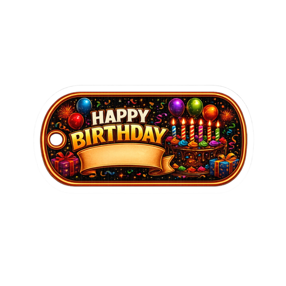 Happy Birthday Kiss-Cut Sticker HORIZONTAL — Colorful Cake, Balloons & Candles Gift Tag