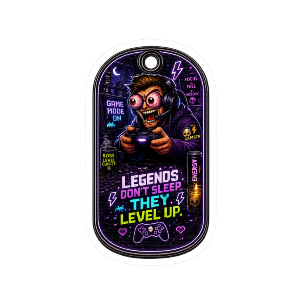 Night Shift Gamer Sticker — "Legends Don't Sleep, They Level Up" Neon Kiss-Cut Decal