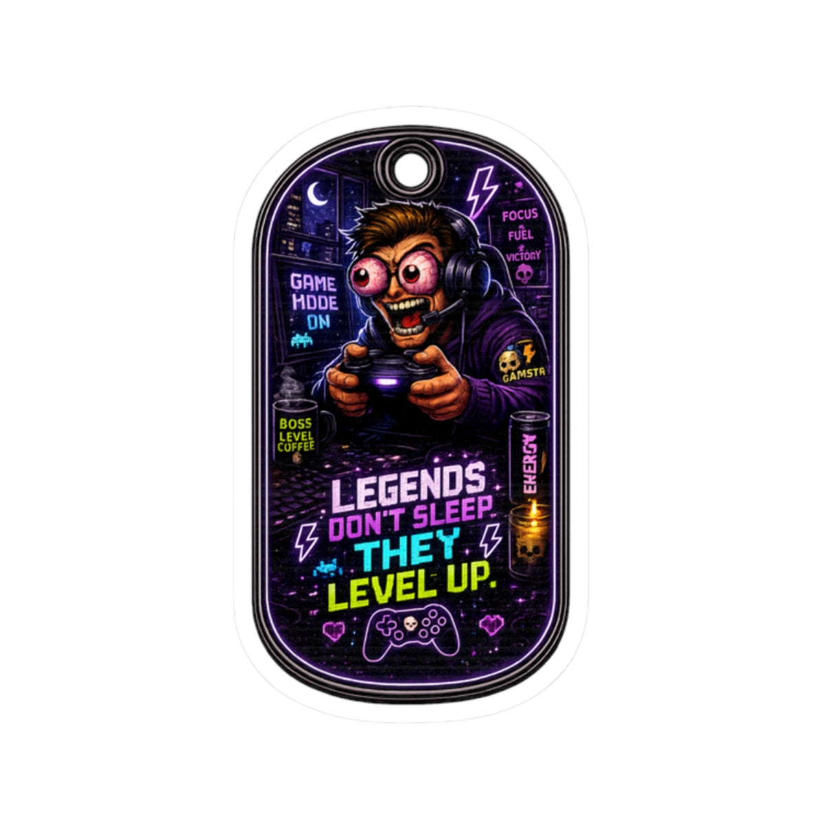 Night Shift Gamer Sticker — "Legends Don't Sleep, They Level Up" Neon Kiss-Cut Decal