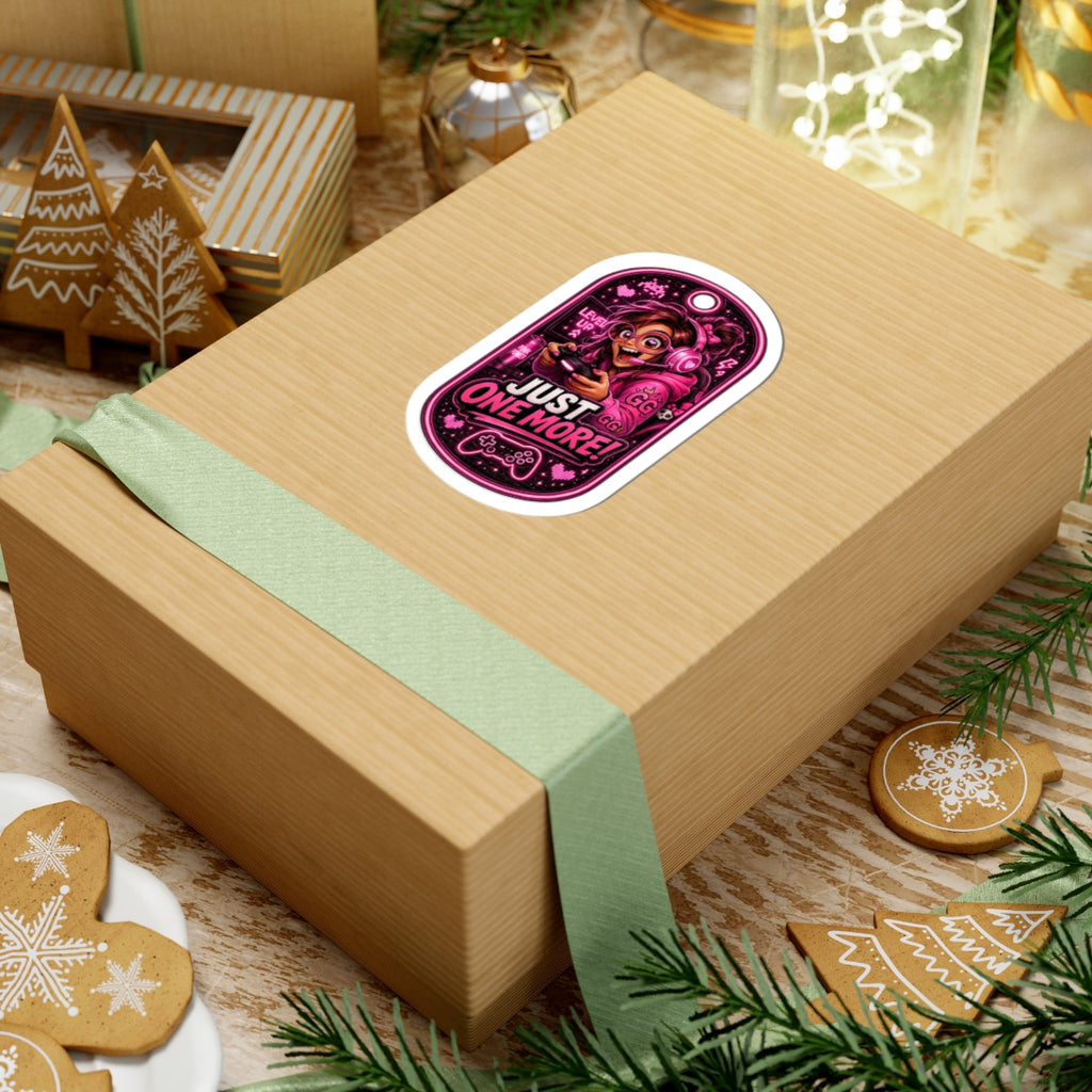 Gamer Girl 'Just One More!' Kiss-Cut Sticker - Pink Arcade Controller Design