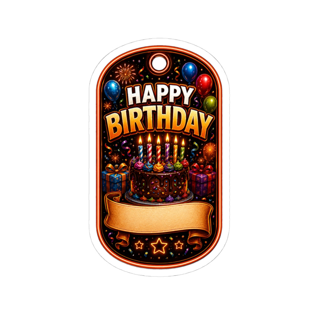 Happy Birthday Kiss-Cut Sticker VERTICAL— Colorful Cake, Balloons & Custom Name Banner