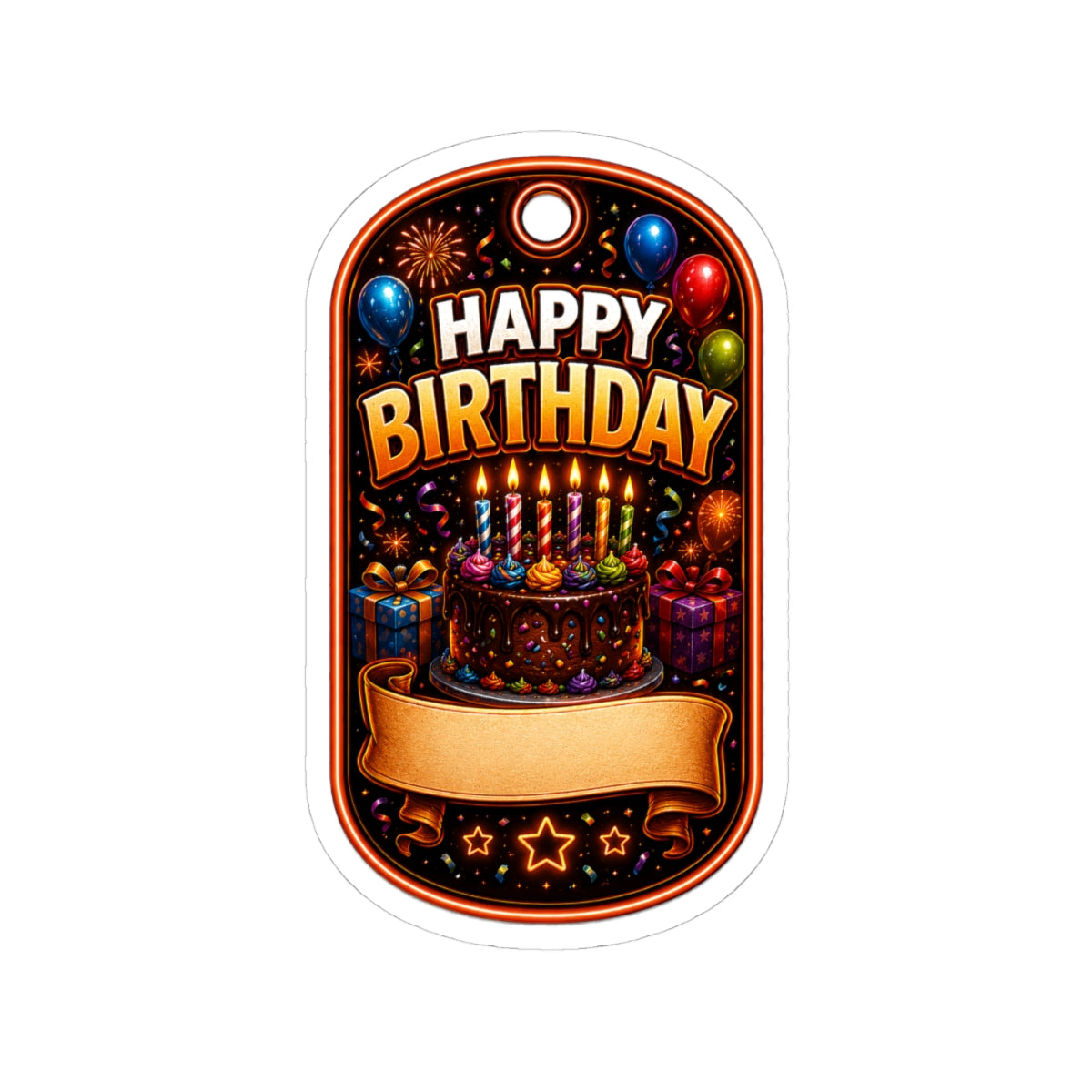 Happy Birthday Kiss-Cut Sticker VERTICAL— Colorful Cake, Balloons & Custom Name Banner