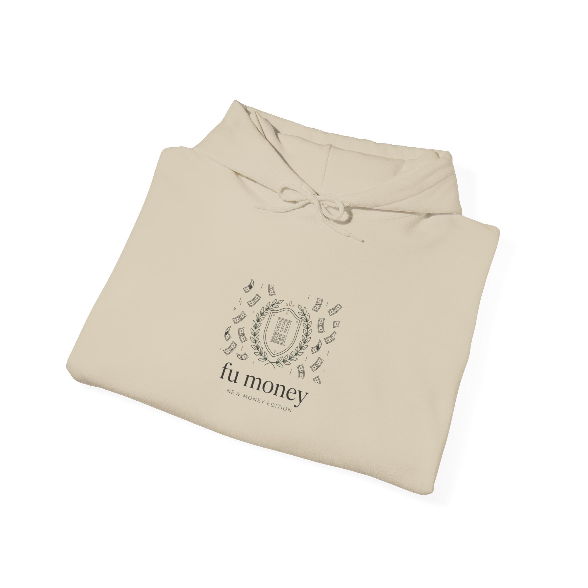 new money crest hoodie | quiet luxury, minimalist serif, monochrome