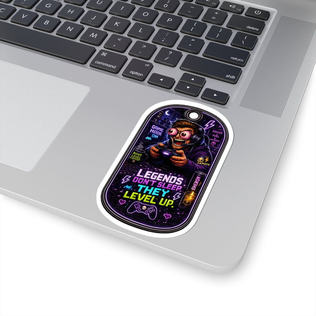 Night Shift Gamer Sticker — "Legends Don't Sleep, They Level Up" Neon Kiss-Cut Decal