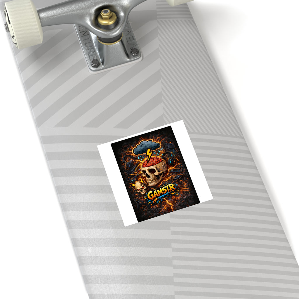 Gamstr Skull Gamer Sticker — Lightning Brain Gaming Square Sticker (Indoor/Outdoor)
