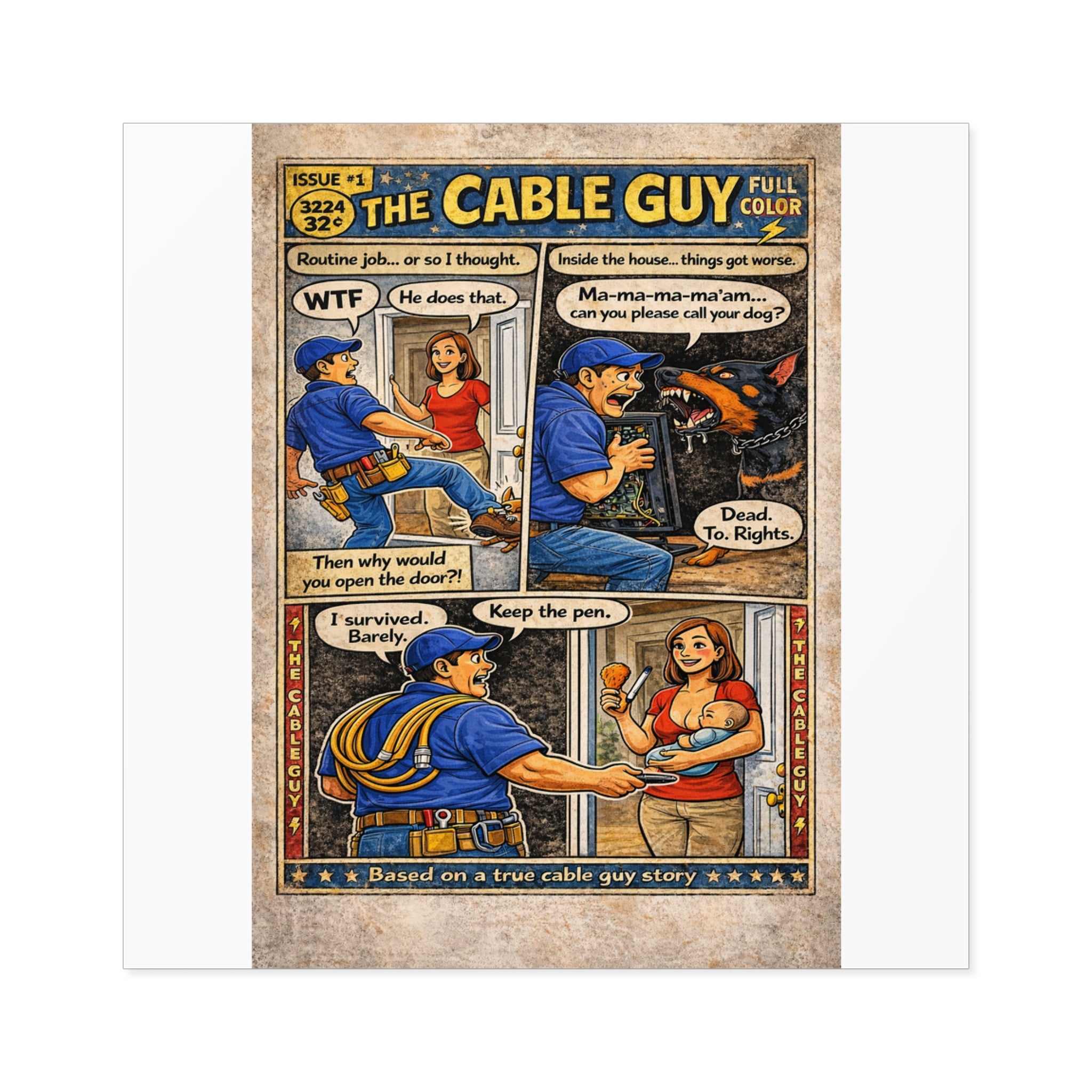 The Cable Guy Comic Square Sticker — Vintage Retro Humor Design (Indoor/Outdoor)