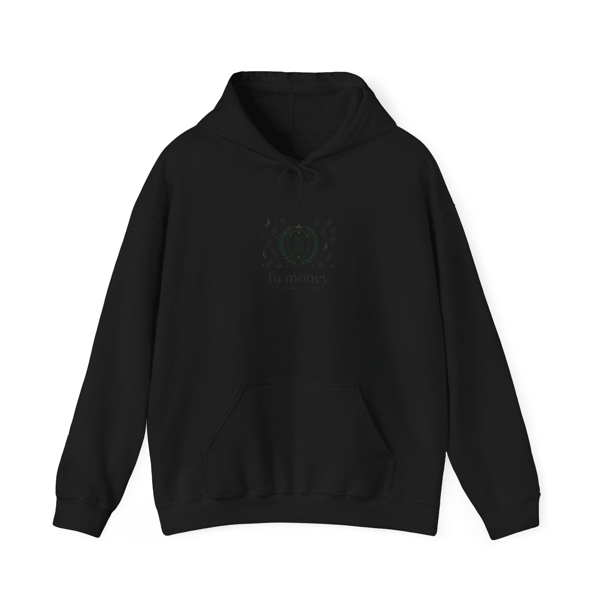 new money crest hoodie | quiet luxury, minimalist serif, monochrome