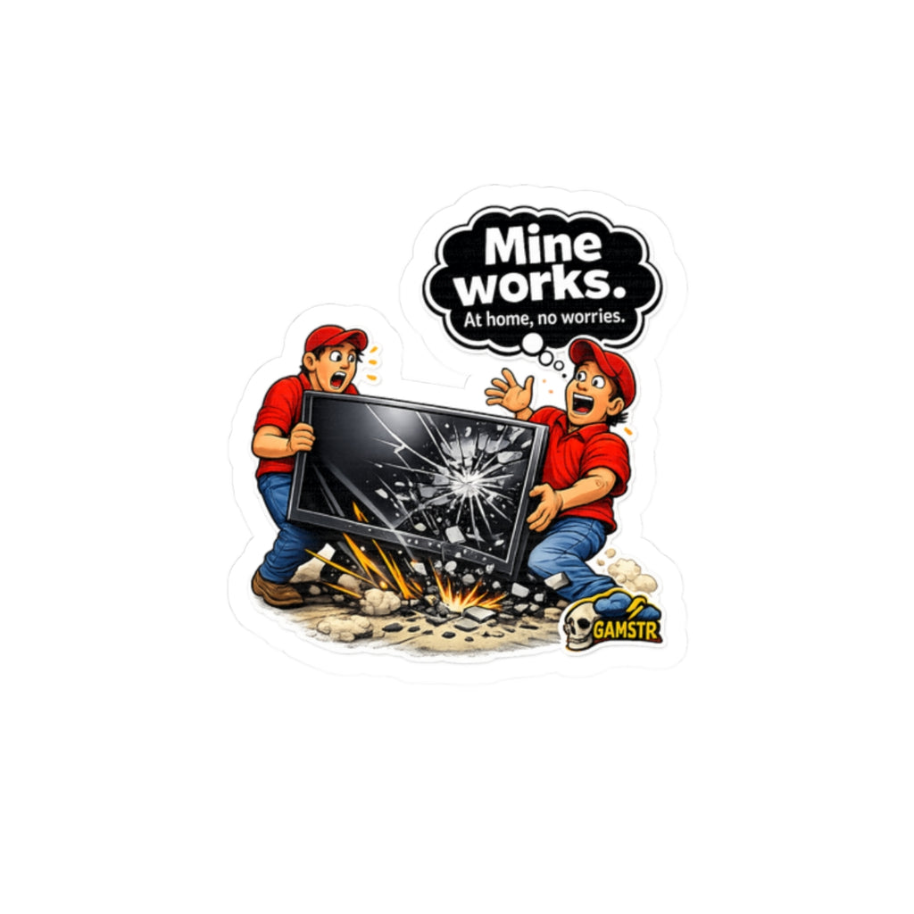 Kiss-Cut Sticker — "Mine Works. At home, no worries." Broken Monitor Repair Gaming Decal