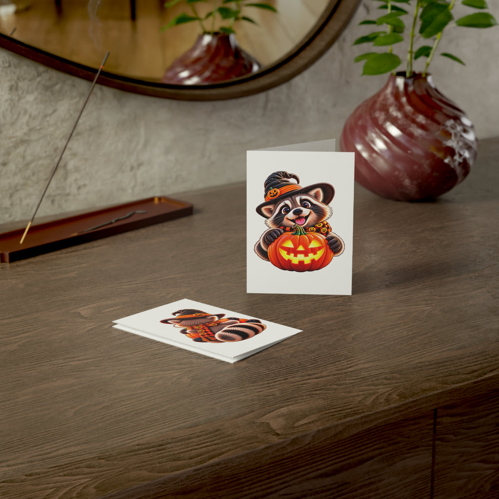 Halloween Raccoon Greeting Cards — Cute Raccoon with Jack-O'-Lantern (Pack of 1/10/30/50)