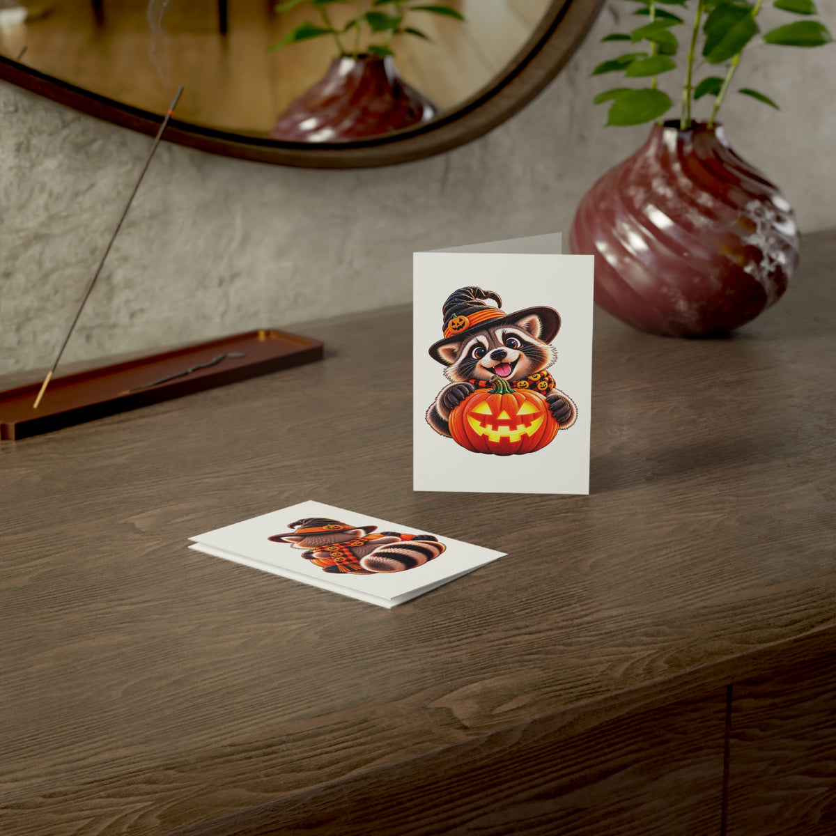 Halloween Raccoon Greeting Cards — Cute Raccoon with Jack-O'-Lantern (Pack of 1/10/30/50)