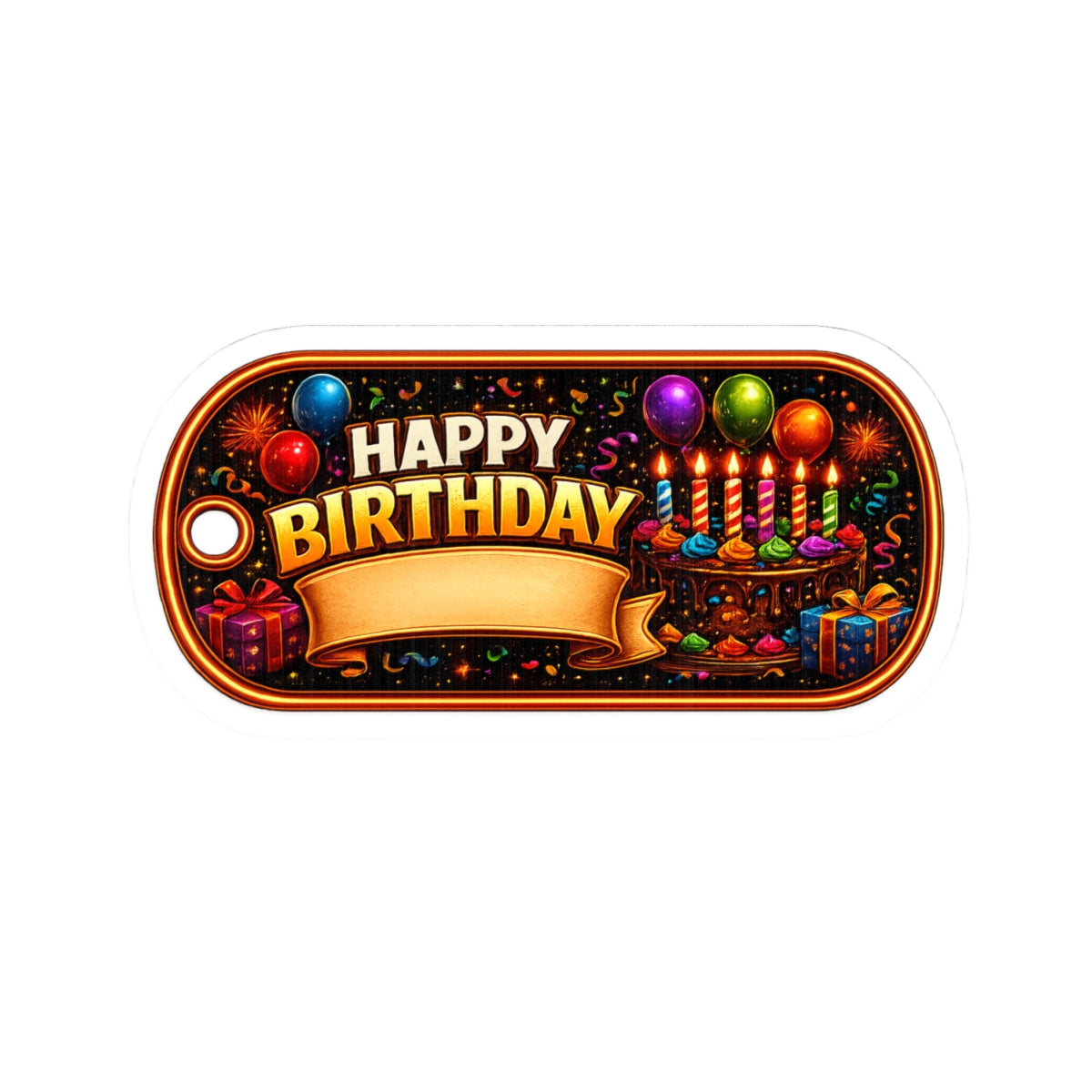 Happy Birthday Kiss-Cut Sticker HORIZONTAL — Colorful Cake, Balloons & Candles Gift Tag