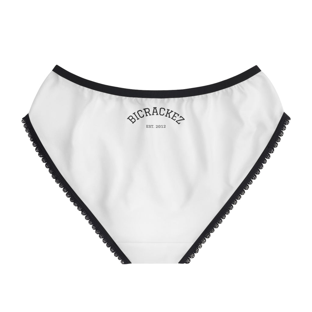 Women's Bicrackez Briefs — White Lace-Trim Briefs with 'BICRACKEZ' Script