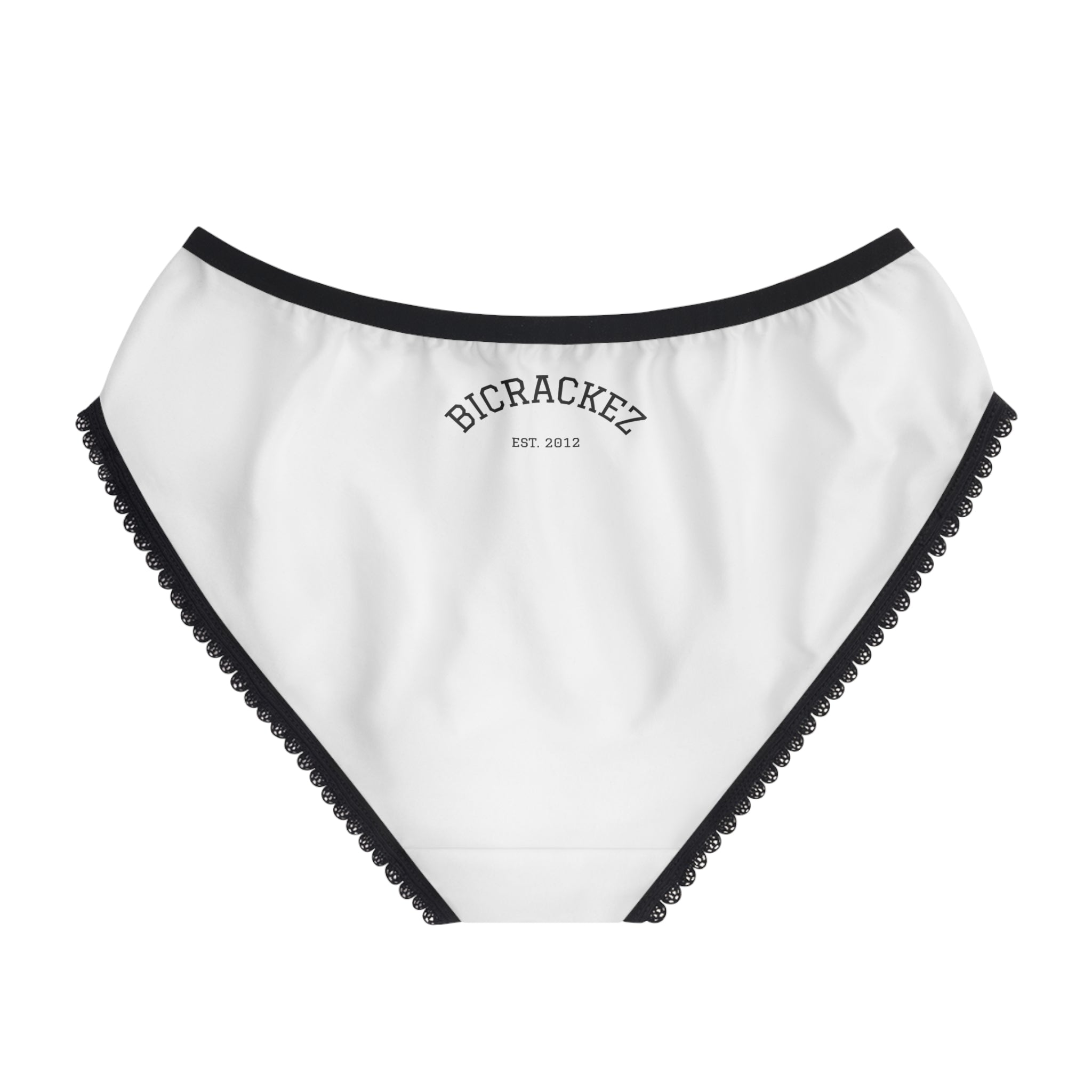 Women's Bicrackez Briefs — White Lace-Trim Briefs with 'BICRACKEZ' Script