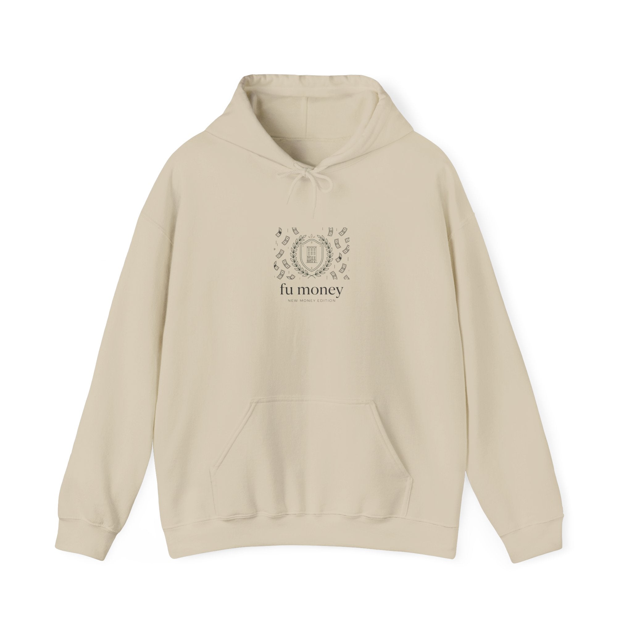 new money crest hoodie | quiet luxury, minimalist serif, monochrome