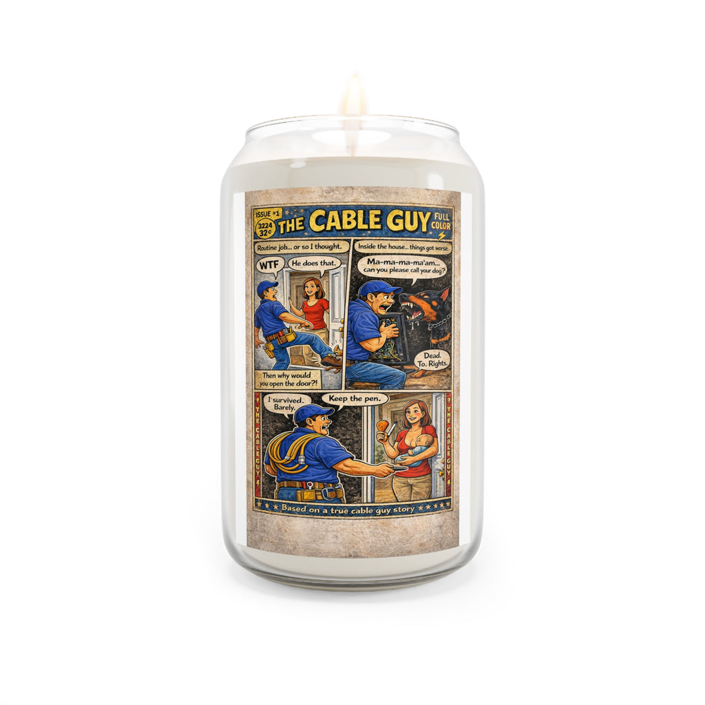 Cable Guy Comic Soy Candle — Scented 13.75oz Gift for Technicians & Humor Lovers